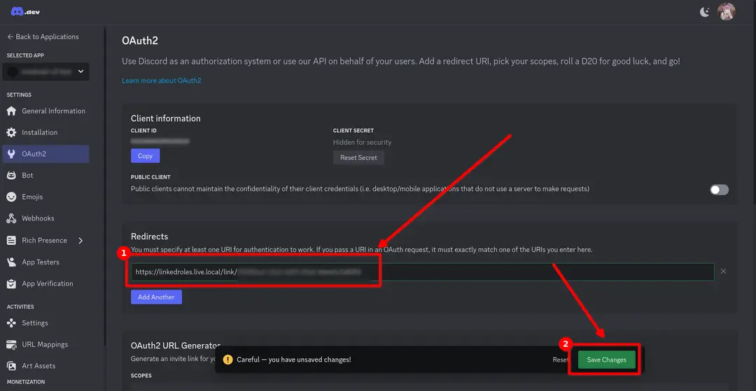 Dieser Screenshot zeigt, wo die kopierte Redirect-URL eingefügt werden muss